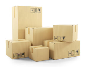 Group of goods in cardboard boxes. Objects isolated on white background 3d